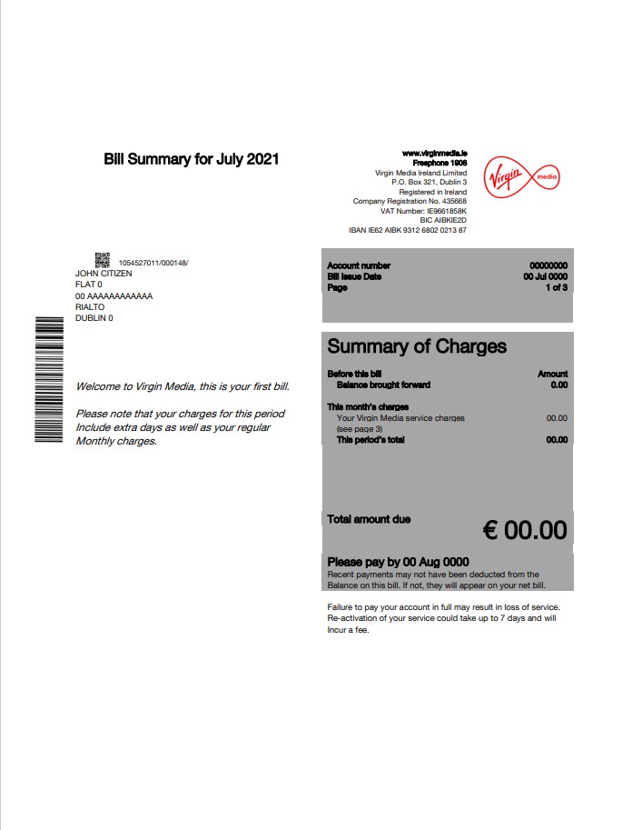 Ireland Virgin Media utility bill template editable in Word and PDF, version 1